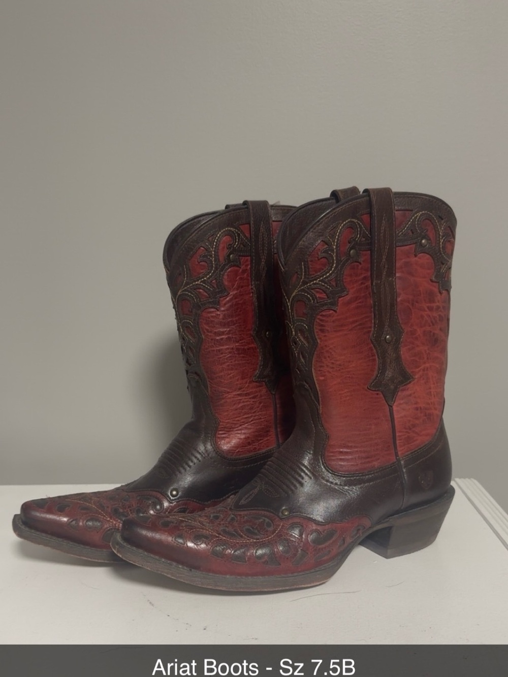 Ariat Two-Tone Red and Brown Embossed Western Boots